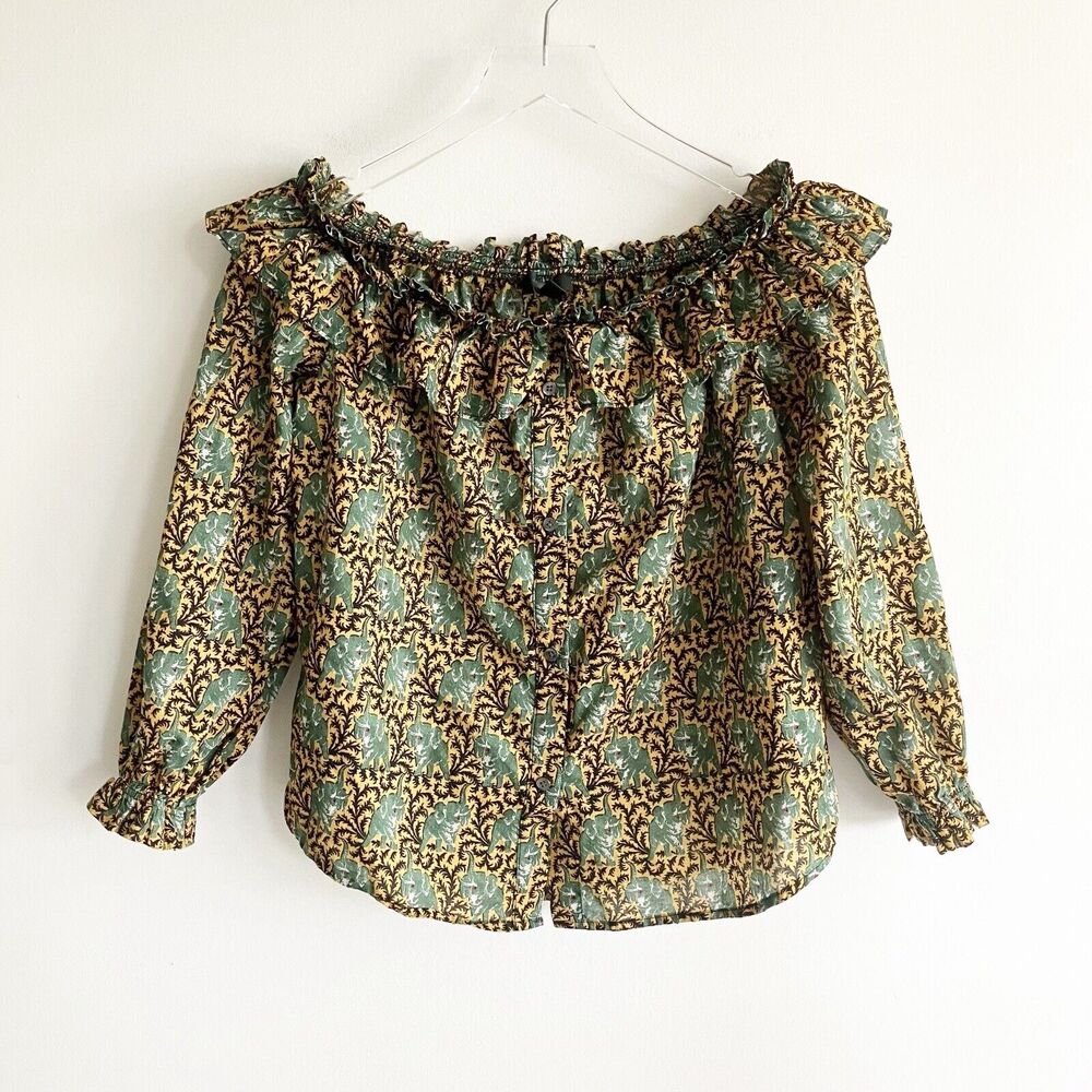J Crew Womens Size 4 Elephant Print Off Shoulder Blouse Style G7495 Ruffle Top